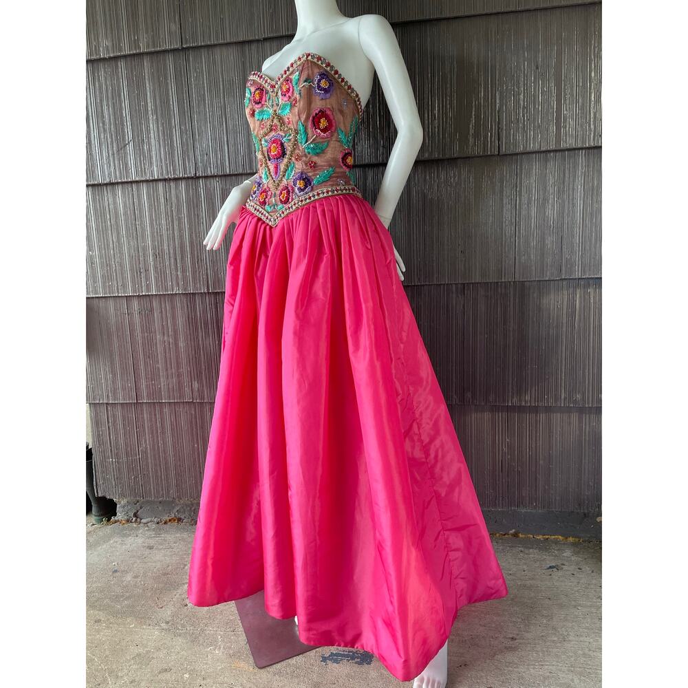 🔥80s Victor Costa Sequin Embroider Strapless Barbiecore Taffeta Pink Ball Gown - Picture 3 of 17